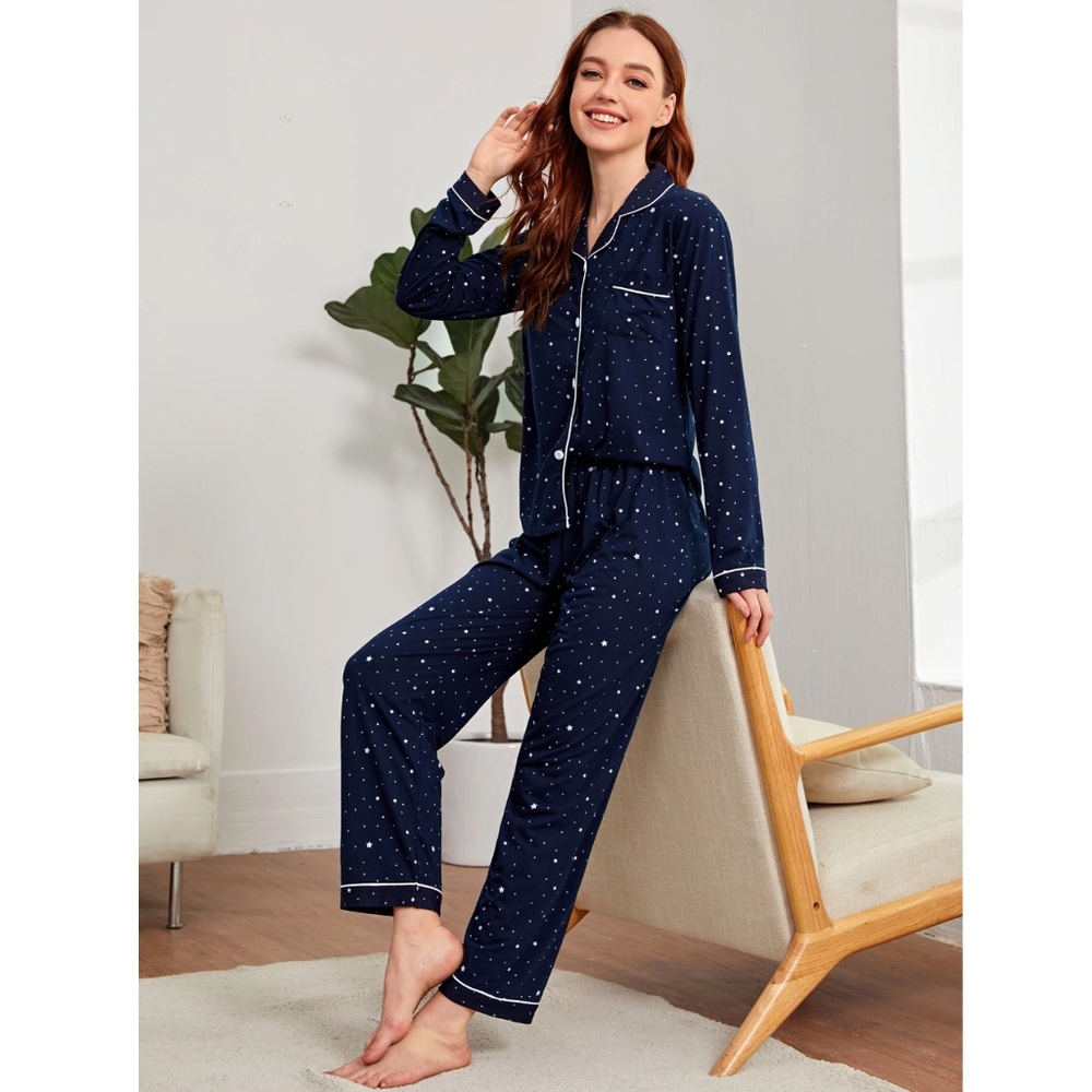 Navy Blue Star Print White Contrast Piping Trim Pajama Set 2 Piece Shirt, Pants - Picture 2 of 6